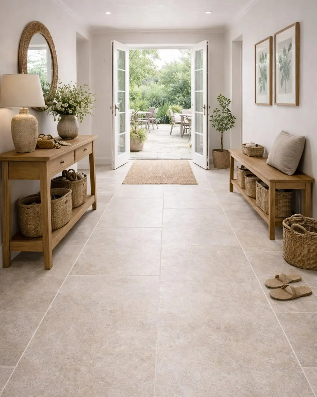 Large-format Calacatta porcelain tiles installed in a Northbrook hallway