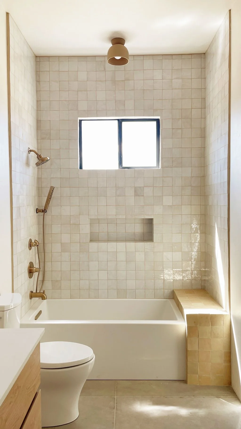 Cream zellige tile bathtub surround with brass fixtures installed in Northbrook home