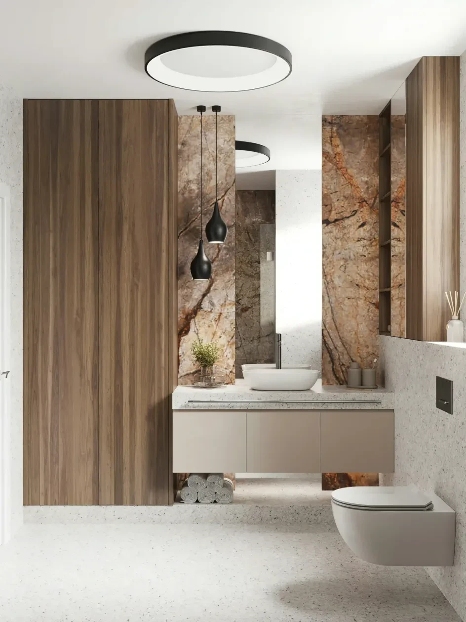 Luxury bathroom with dramatic marble accent wall and wood vanity by Northbrook Tile Installer